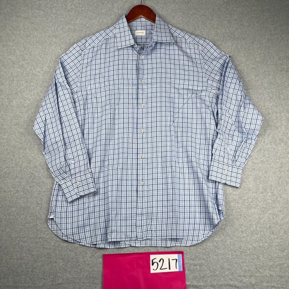 Ermenegildo Zegna Shirt 17 Blue Check Casual Button Up Long Sleeve Mens